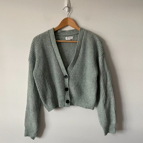 Hudson North Crop  Chunky Rib Knit Cardigan Sweater Sage Green Size Medium - Picture 3 of 8